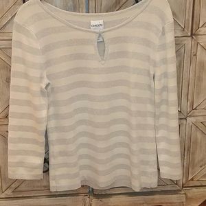Chico's silver and white sweater with key hole.